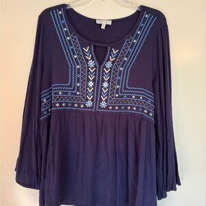 Neiman Marcus Navy Blue Embroidered Blouse